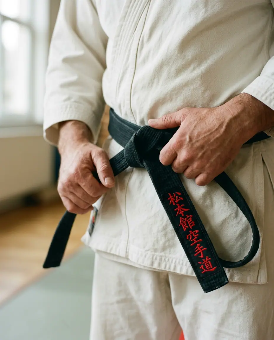A black belt being tied — tradition and discipline at Kanzen